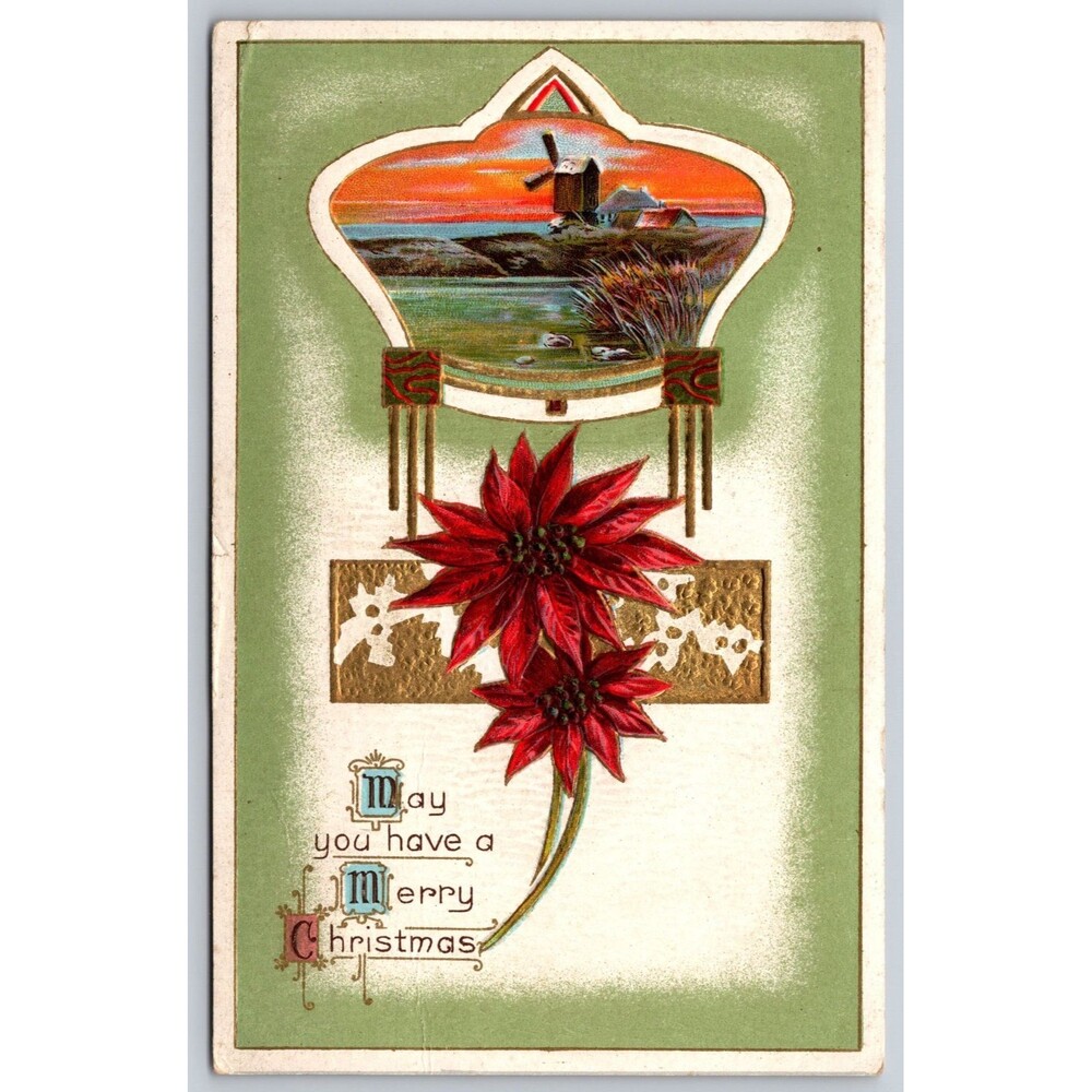 Postcard Merry Christmas Windmill Poinsettias Embossed Posted 1912 No Stamp